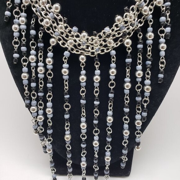 Women's Stylish Layered Silver-tone Black & Gray Beads Fringed Cascade Necklace - Picture 8 of 10